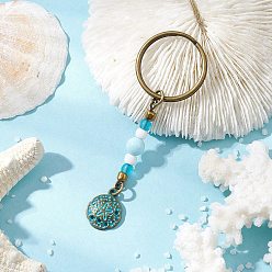 Круглые Брелки с подвеской в виде ракушки из сплава, со стеклянными бусинами, латунными соединительными кольцами, натуральными бусинами из говлита, никелированными разъемными кольцами с железным покрытием и железной булавкой с ушком, античная бронза, круглые, 78 мм