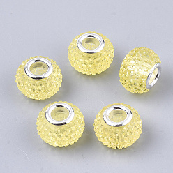 Champagne Yellow Resin Rhinestone European Beads, Large Hole Beads, with Platinum Tone Brass Double Cores, Rondelle, Berry Beads, Champagne Yellow, 14x10mm, Hole: 5mm