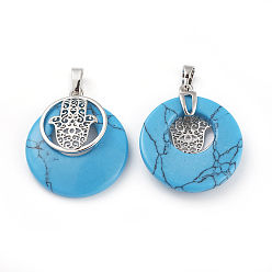Синтетическая Бирюза Синтетические бирюзовые подвески, с латунной фурнитурой платинового цвета, плоский круглый с hamsa рука / рука fatima / рука miriam, 32~32.5x28x7~7.5 мм, отверстие : 5x8 мм
