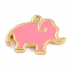 Pink Golden Brass Enamel Pendants, Long-Lasting Plated, Elephant, Pink, 9.5x13x1.5mm, Hole: 1.2mm