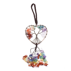 Mixed Stone Wire Wrapped Chakra Chips Natural Gemstone Big Pendant Decorations, with Red Copper Plated Brass Wires and Nylon Cord, Heart with Tree of Life, 160mm