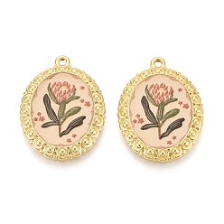 Мокасин Винтажный печатный стиль 304 овал из нержавеющей стали с подвесками в виде лотоса, ионное покрытие (ip), реальный 18 k позолоченный, мокасин, 30.5x22x2.5 мм, отверстие : 1.6 мм