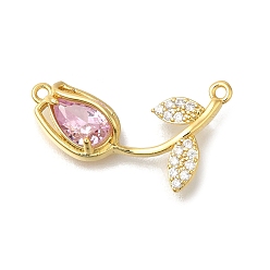 Pink Подвески-коннекторы из латуни с кубическим цирконием в виде розы, без кадмия и без свинца, реальный 16 k позолоченный, розовые, 13.5x25x5.5 мм, отверстие : 1.2 мм