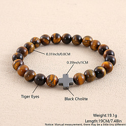 Тигровый глаз Браслеты из круглых бусин из натурального тигрового глаза для мужчин и женщин, крестик, с синтетической немагнитной гематитовой бусиной, внутренний диаметр: 7-1/2 дюйм (19 см)