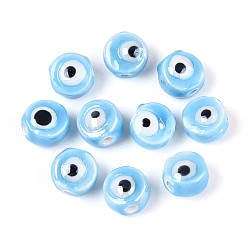 Светло-Голубой Ручной фарфоровые керамические шарики, плоские круглые с сглаза, яркие глазированный фарфор, Небесно-голубой, 8~8.5x5~5.5 мм, отверстие : 1.4~1.8 мм