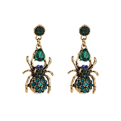 Зеленый Серьги-гвоздики из сплава и стеклянных страз, паук, золотые, зелёные, 40x20 мм