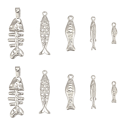 Stainless Steel Color 10Pcs 5 Styles Stainless Steel Pendants, Fish & Fishbone Charms, Stainless Steel Color, 13.5~32x3.5~6.5x2.5~5mm, Hole: 1.2~5mm, 2pcs/style