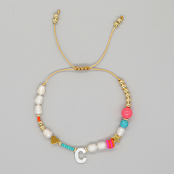 Letter C Initial Letter Natural Pearl Braided Bead Bracelet, Adjustable Bracelet, Letter C, 11 inch(28cm)