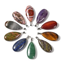 Mixed Stone Natural & Synthetic Mixed Gemstone Pendants, with 304 Stainless Steel Snap on Bails, Teardrop Charm, Mixed Dyed and Undyed, 44x20x9mm, Hole: 7x4mm