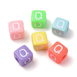 Couleur Mélangete Perles européennes opaques acrylique, Perles avec un grand trou   , cube avec la lettre q, couleur mixte, 10x9x9~9.5mm, Trou: 4mm, environ580 pcs / 500 g