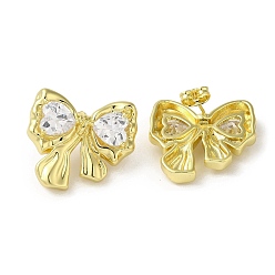 Golden Brass Stud Earrings, with Clear Cubic Zirconia for Women, Heart with Bowknot, Golden, 23x25.5mm