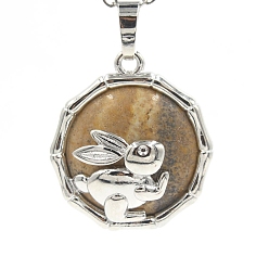 Пейзажный Джаспер Естественного изображения яшмы подвески, плоская круглая форма из латуни платинового цвета с подвесками в виде кролика, 25x10 мм