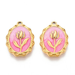 Ярко-Розовый 304 нержавеющей стальной эмали подвески, реальный 18 k позолоченный, овал с цветочной подвеской, ионное покрытие (ip), ярко-розовый, 21.5x15.5x3 мм, отверстие : 1.5 мм