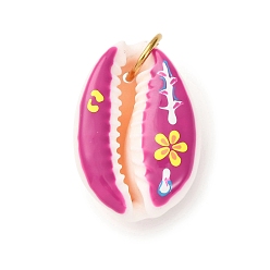 Фиолетовый Кулоны с натуральными ракушками каури с принтом, подвески в форме ракушки с эмалью и 304 соединительными кольцами из нержавеющей стали, без кадмия, без никеля и без свинца, золотые, фиолетовые, 23~28x16~20x12~14 мм, отверстие : 6 мм