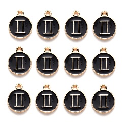 Gemini Alloy Enamel Pendants, Flat Round with Constellation, Light Gold, Black, Gemini, 15x12x2mm, Hole: 1.5mm, 100pcs/Box