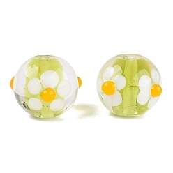 Green Yellow Handmade Bumpy Lampwork Beads, Round & Flower, Green Yellow, 12~14.5mm, Hole: 1.2~1.5mm