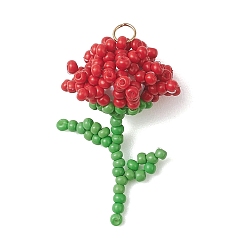 Красный Подвески в виде цветов из стеклянного бисера, с круглой бусиной из стеклянного жемчуга и 304 нержавеющей сталью, красные, 31.5x20x17~18 мм, Перейти кольцо: 4x0.5 мм, внутренний диаметр: 3 мм