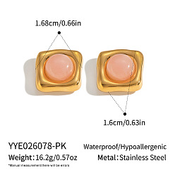 Rectangle 304 Stainless Steel Natural Rose Quartz Stud Earrings for Women, Golden, Rectangle, 16.8x16mm