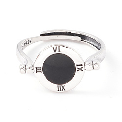 Black Roman Numeral Flat Round 925 Sterling Silver Adjustable Ring for Men Women, Antique Silver, Black, US Size 8 1/2(18.5mm)