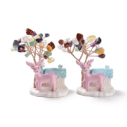 Смешанные камни Украшение дисплея дерева из натурального драгоценного камня, Дом из смолы с рождественским оленьим орнаментом фэн-шуй для богатства, удача, латунная проволока из розового золота, обернутая, 40~41x44x67 мм