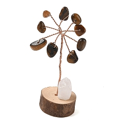 Тигровый глаз Натуральные чипсы из тигрового глаза, украшения «Древо жизни», деревянная основа с медной проволокой, фен-шуй энергетический камень подарок для домашнего офиса украшение рабочего стола, 23~24.5x21~22x56~63 мм