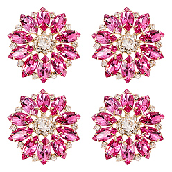 Pourpre 4 boutons à tige en alliage, verre et strass, 1-trou, fleur, fuchsia, 39x40x16.5mm, Trou: 5x4mm