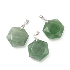 Green Aventurine Faceted Natural Green Aventurine Pendants, with Platinum Tone Brass Findings, Hexagon, 28x25x9mm, Hole: 4x5mm