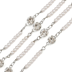 Платина Латунные плоские круглозвенные цепи, со стеклом и жемчужиной из АБС-пластика, долговечный, стойки покрытие, без свинца и без кадмия, несварные, ручной работы из бисера цепи, платина, 11x6x5 mm и 25~26x3 mm