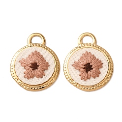 Chapado en Oro Real 18K 304 Colgantes bordados de acero inoxidable y tela, ronda plana con encantos de flores, revestimiento de iones (ip), larga duración plateado, real 18 k chapado en oro, 24x19.5x3 mm, agujero: 3x4 mm