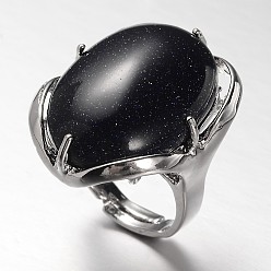 Синий Драгоценный Камень Регулируемые овальные латуни синтетический синий синтетический голдстоуновские широкий ленточные кольца, 17 мм, лоток : 28x22 мм