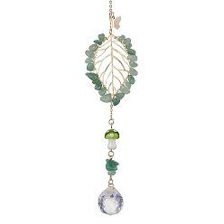 Green Aventurine Green Aventurine with Glass and Lampwork Pendant Decorations, With Alloy Finding, Leaf, 250mm