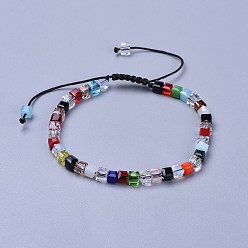 Black Adjustable Nylon Cord Braided Bead Bracelets, with Faceted Transparent Glass Cube Beads, Black, 2-1/8 inch~3-1/8 inch(5.4~8cm)