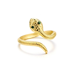 Golden 304 Stainless Steel Cuff Open Rings, Snake, with Rhinestone, Golden, 20mm