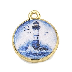 Royal Blue Printed Brass Pendants, Flat Round with Lighthouse Charms, Golden, Royal Blue, 17.5x15x3.5mm, Hole: 1.6mm