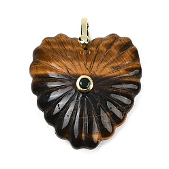 Тигровый глаз Резные подвески из натурального тигрового глаза, подвески в форме сердца с латунной микрофиброй и фианитами, золотые, 32x30x11.5 мм, отверстие : 6x5.5 мм