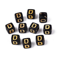 Letter D Непрозрачные акриловые бусины, золотой металл обвитыми, куб с письмом, чёрные, Буква D, 4.5~5x4.5~5x4.5~5 мм, отверстие : 2 мм, Около 6250 шт / 500 г