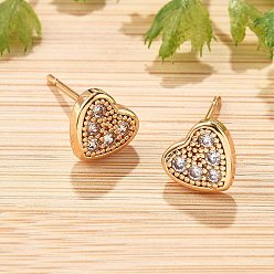 Сердце Женские серьги-гвоздики из латуни с микропаве и прозрачным кубическим цирконием, без кадмия и без свинца, долговечный, стойки покрытие, золотые, сердце, 7.5x7.5 мм
