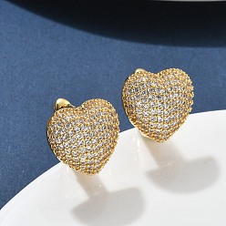 Настоящее золото 18K Латунные серьги-кольца из прозрачного кубического циркония, сердце, реальный 18 k позолоченный, 15x15.5x15.5 мм