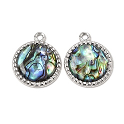 Flat Round 304 Stainless Steel & Natural Paua Shell Pendants, Stainless Steel Color, Flat Round Charm, 30x25x4mm, Hole: 3mm