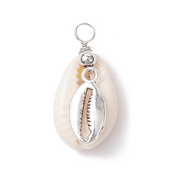 Shell Shape Подвески из натуральной ракушки каури и сплава с морскими животными, морские подвески с петлями из медной проволоки, античное серебро, формы раковины, 28x14x10 мм, отверстие : 3.3 мм