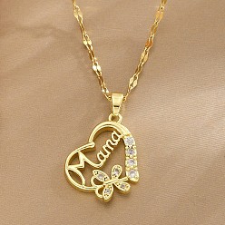 Clear Mother's Day Brass Pave Cubic Zirconia Mama Heart with Butterfly Pendant 304 Stainless Steel Dapped Chain Necklaces for Women, Golden, Clear, 15.75 inch(40cm)