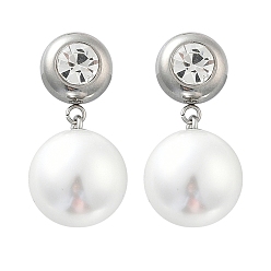 Нержавеющая Сталь Цвет 304 круглые серьги-гвоздики с подвесками из пластика и нержавеющей стали с жемчугом, со стразами, цвет нержавеющей стали, 25x11.5 мм