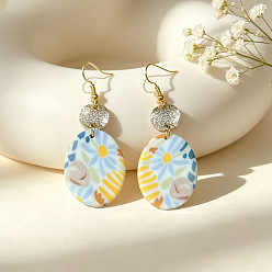 Coloré Boucles d'oreilles pendantes faites main en pâte polymère et alliage, ovale avec motif de fleurs, or, colorées, 64x23mm