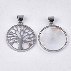 Seashell Color Freshwater Shell Pendants, with Alloy Findings, Dyed, Flat Round with Tree of Life, Platinum, Seashell Color, 37.5x33.5x3mm, Hole: 6x8.5mm