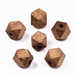 Седло Коричневый Расписные бусы из натурального дерева, лазерная гравировка, граненые, многоугольник с леопардовым принтом, седло коричневый, 12x12x12 мм, отверстие : 2.5 мм