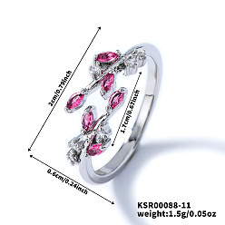 Темно-Розовый Изысканные латунные кольца-манжеты в форме листьев ивы с кубическим цирконием для женщин, платина, темно-розовыми, внутренний диаметр: 17 мм