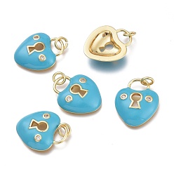 Deep Sky Blue Brass Micro Pave Clear Cubic Zirconia Pendants, with Enamel and Jump Rings, Heart Lock, Real 18K Gold Plated, Deep Sky Blue, 19x16x4mm, Hole: 3mm