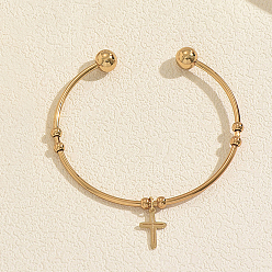 Golden 201 Stainless Steel Religion Cross Charm Open Cuff Torque Bangles for Women, Golden, Inner Diameter: 2.36 inch(6cm)