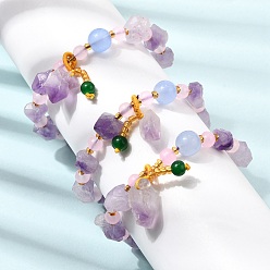 Améthyste Bracelets extensibles pour femmes, ornés de perles et de pépites d'améthyste brutes naturelles., avec des billes en plastique, diamètre intérieur: 2.17~2.40 pouce (5.5~6.1 cm)