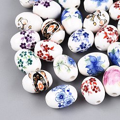 Color mezclado Cuentas de porcelana hechas a mano impresos, famille porcelana rosa, barril con diseño de flores, color mezclado, 16.5~17.5x13 mm, agujero: 2.5~3 mm